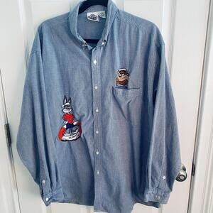 Vintage Looney Tunes Shirt Mens L XL Blue Button Down Bugs Bunny Taz Sailor 90s